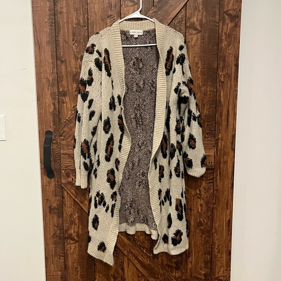 Knox rose women’s distressed tan cheetah print long cardigan sweater size large‎ - Picture 1 of 5